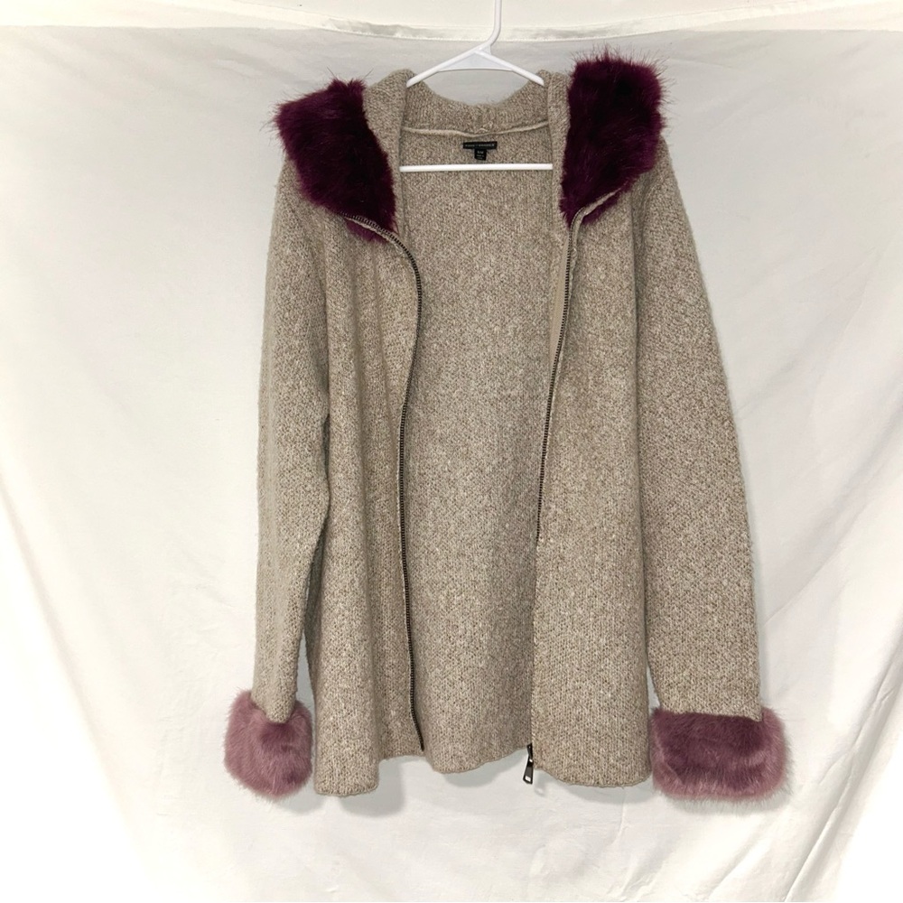 Coco + Carmen Beige Zip Long Cardigan with Purple Faux Fur Trim